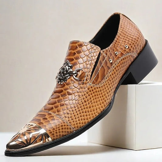 Leather Men's Pattern Brown Slip-On with Snake Shoes Metal