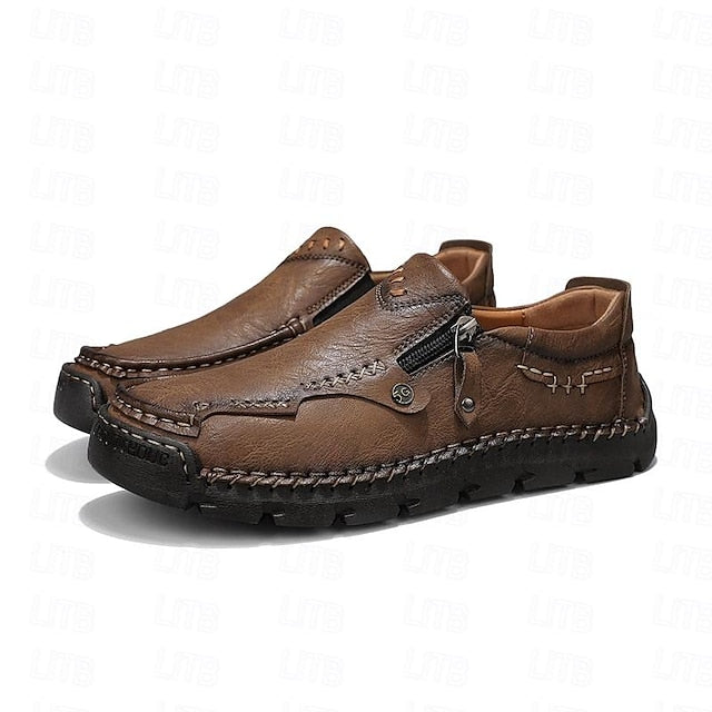 Slip-On Side Loafers Zipper with Brown Men's Faux Leather
