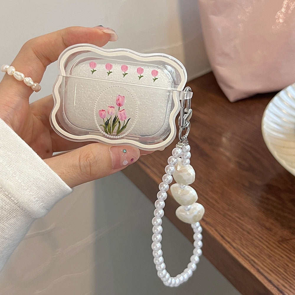 Pink tulip & pearl airpod case - airpod - case - airpods - ear bud - earbuds
