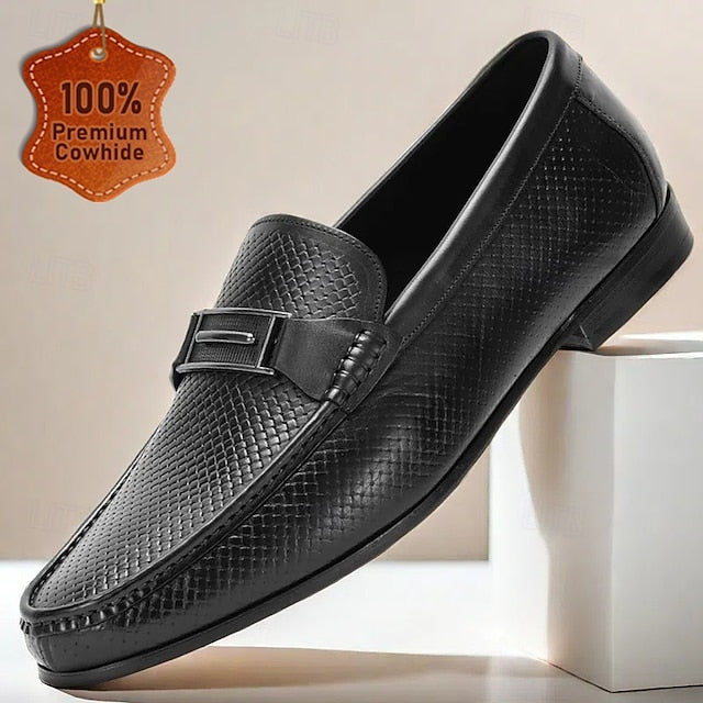 Premium Leather 100% – Black Textured Loafers Men's