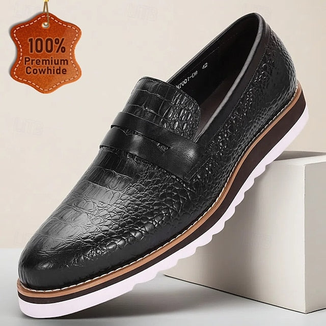 Men’s Genuine Black Slip-On Leather Loafers Cowhide