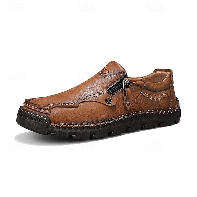 Slip-On Side Loafers Zipper with Brown Men's Faux Leather