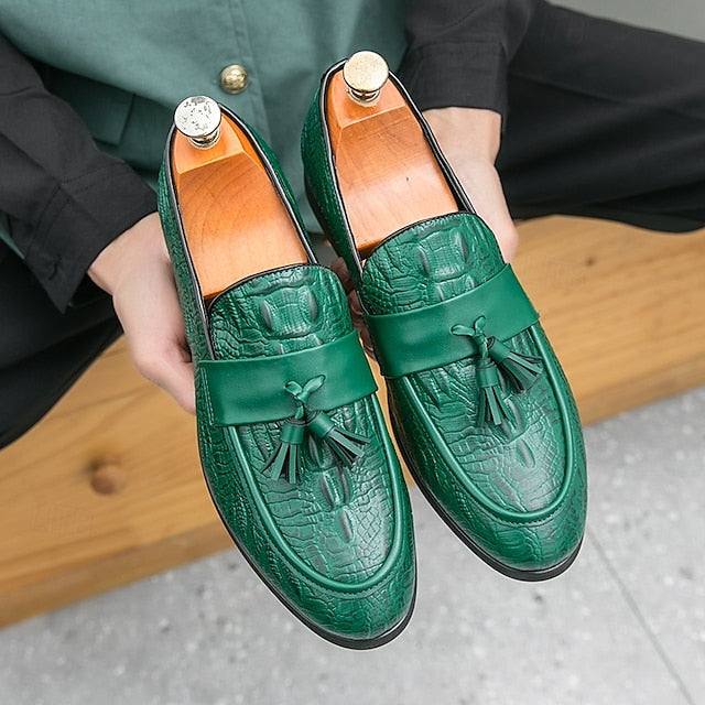 Men's Leather Loafers with Crocodile Embossed Faux Green