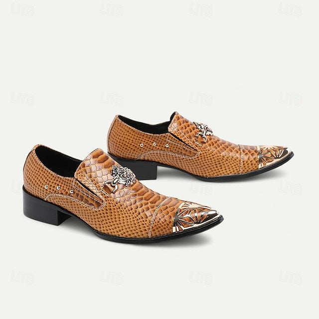 Leather Men's Pattern Brown Slip-On with Snake Shoes Metal