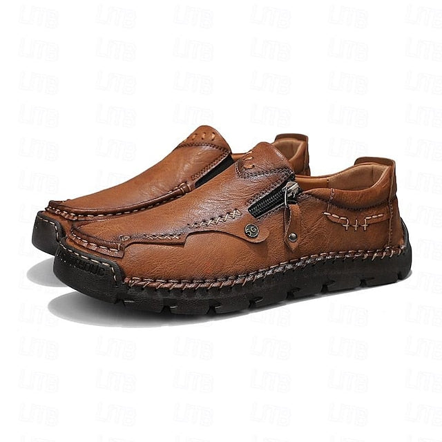 Slip-On Side Loafers Zipper with Brown Men's Faux Leather