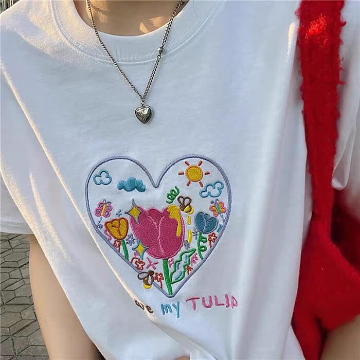Tulip Embroidery Heart T-Shirt