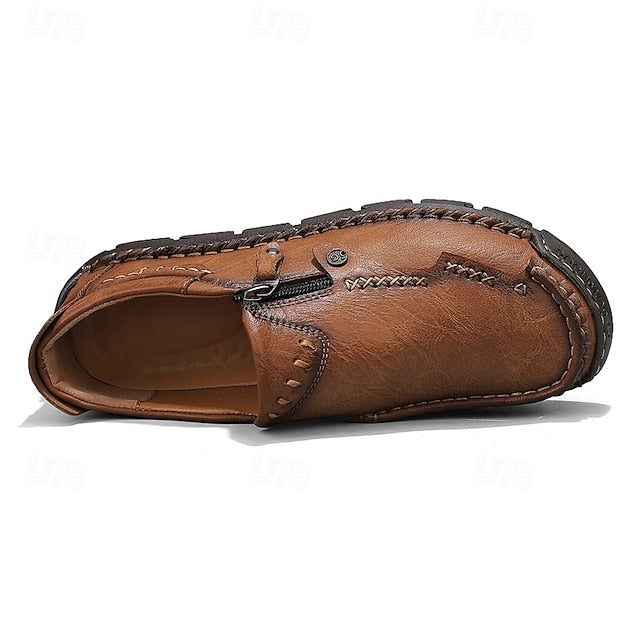 Slip-On Side Loafers Zipper with Brown Men's Faux Leather