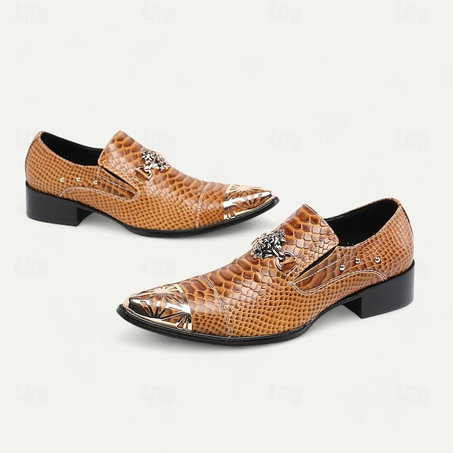 Leather Men's Pattern Brown Slip-On with Snake Shoes Metal