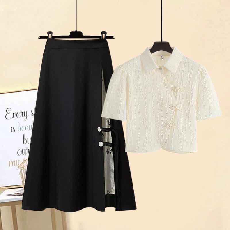 Vintage Buckle T-Shirt Floral Print Stitching Split Skirt