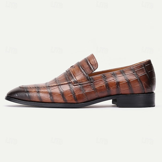 Shoes Leather Pattern Crocodile Classic Dress - Brown Men's
