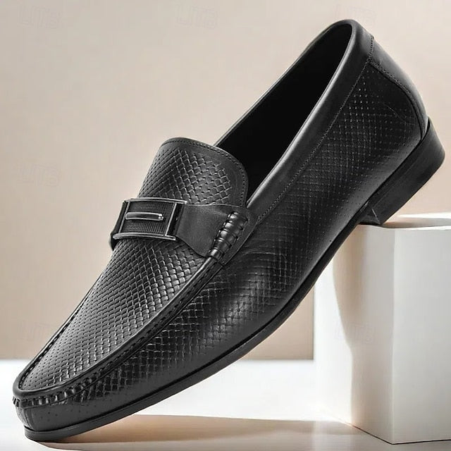 Premium Leather 100% – Black Textured Loafers Men's