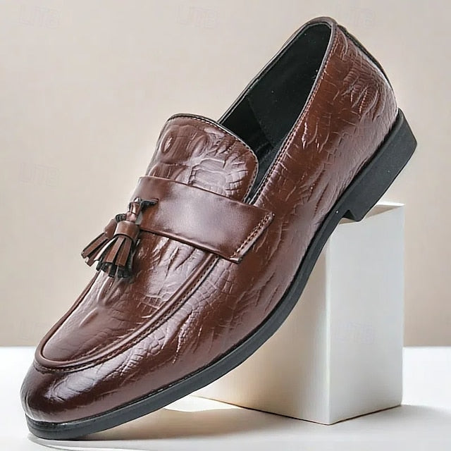 Men's Leather Loafers with Crocodile Embossed Faux Green