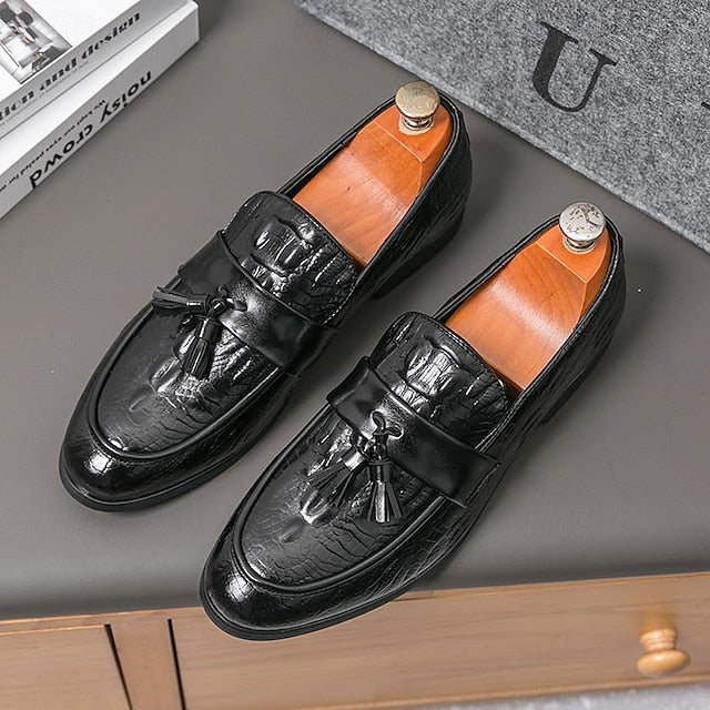 Men's Leather Loafers with Crocodile Embossed Faux Green