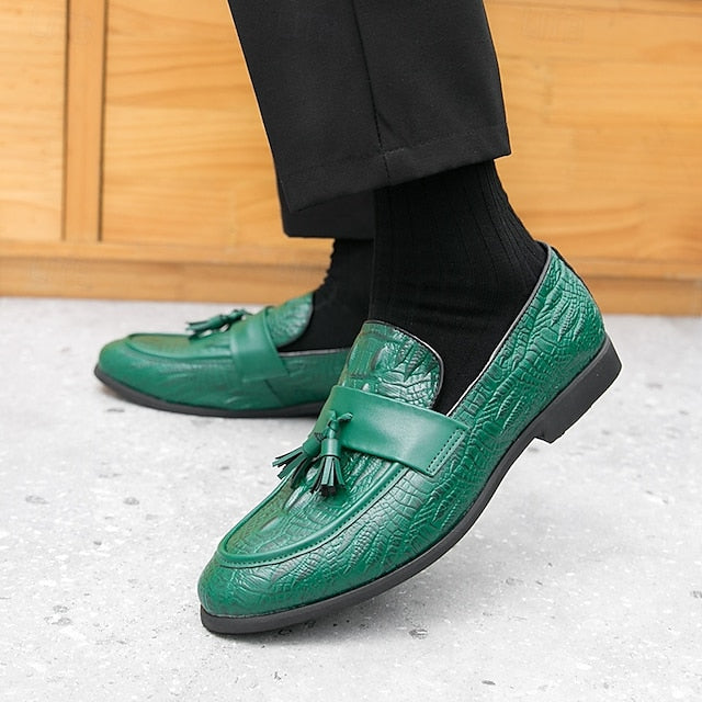 Men's Leather Loafers with Crocodile Embossed Faux Green