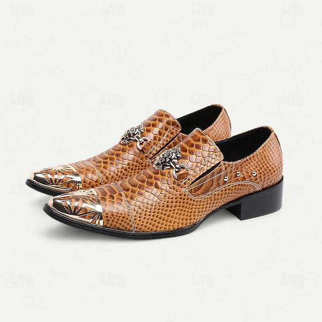 Leather Men's Pattern Brown Slip-On with Snake Shoes Metal
