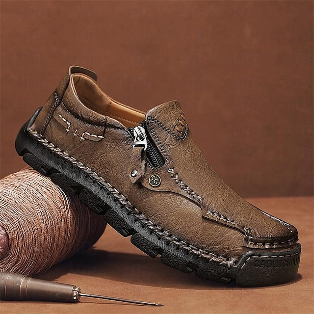 Slip-On Side Loafers Zipper with Brown Men's Faux Leather