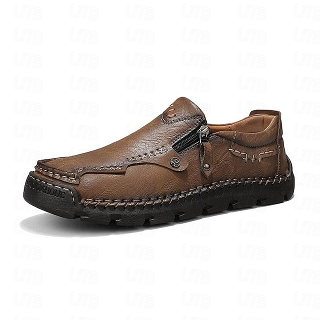 Slip-On Side Loafers Zipper with Brown Men's Faux Leather