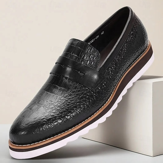 Men’s Genuine Black Slip-On Leather Loafers Cowhide