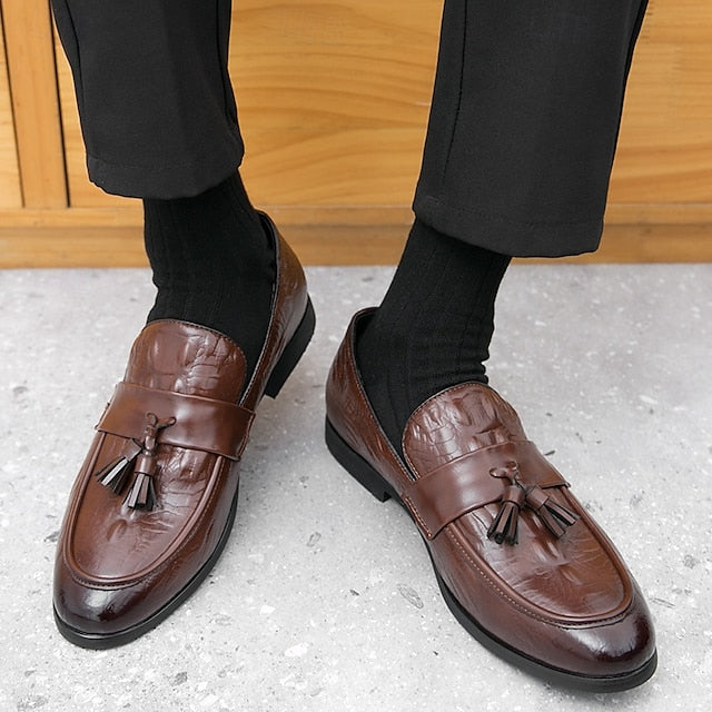 Men's Leather Loafers with Crocodile Embossed Faux Green