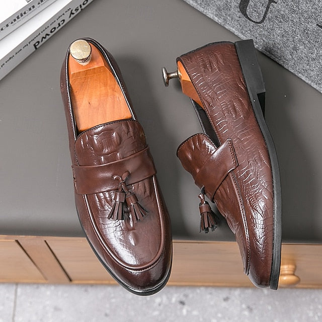 Men's Leather Loafers with Crocodile Embossed Faux Green