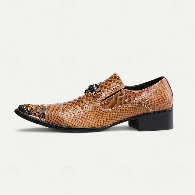 Leather Men's Pattern Brown Slip-On with Snake Shoes Metal