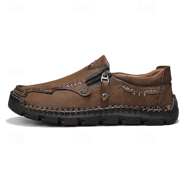 Slip-On Side Loafers Zipper with Brown Men's Faux Leather