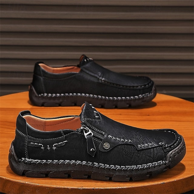 Slip-On Side Loafers Zipper with Brown Men's Faux Leather