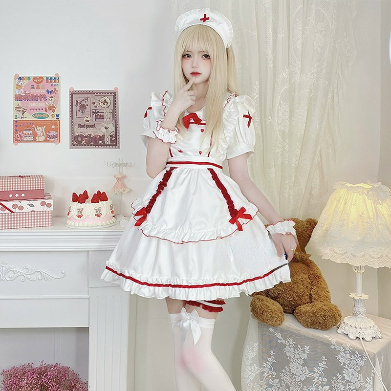 Anna White Red Nurse Maid Dress ON651 MK Kawaii Store
