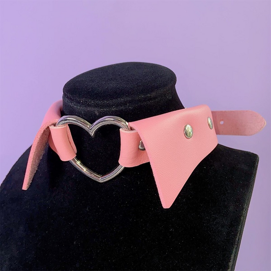 Pink Fake Collar Hollow SIiver Heart PU Choker ON789 Cospicky