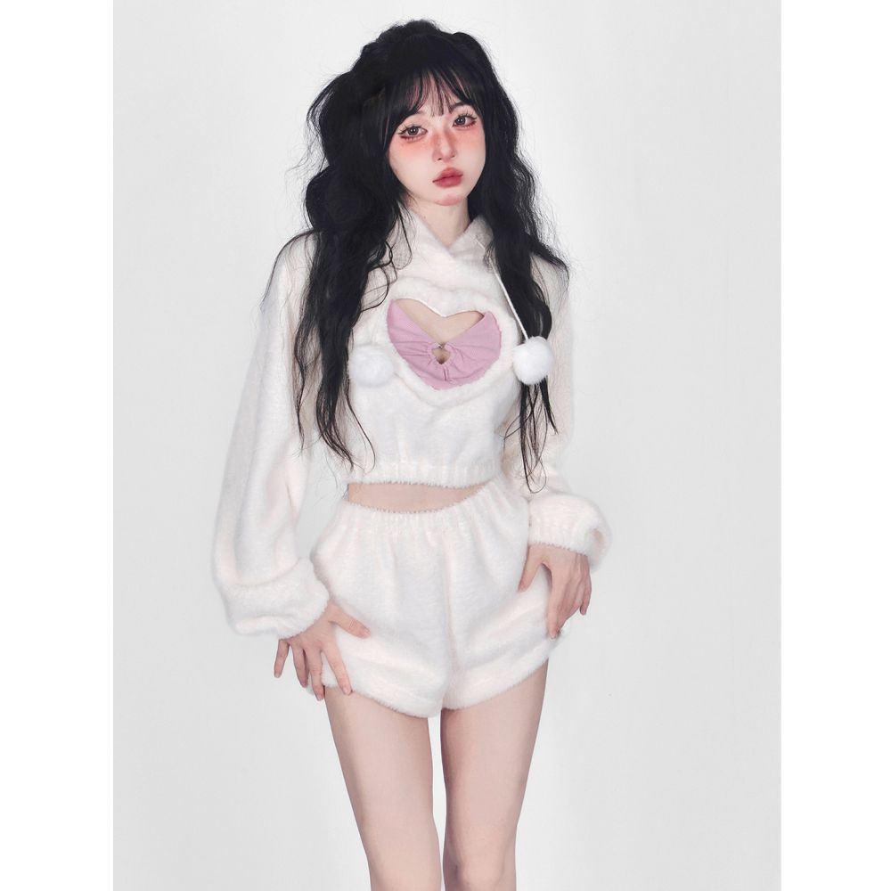 Cute White Hoodie Heart Two Piece Set Susan