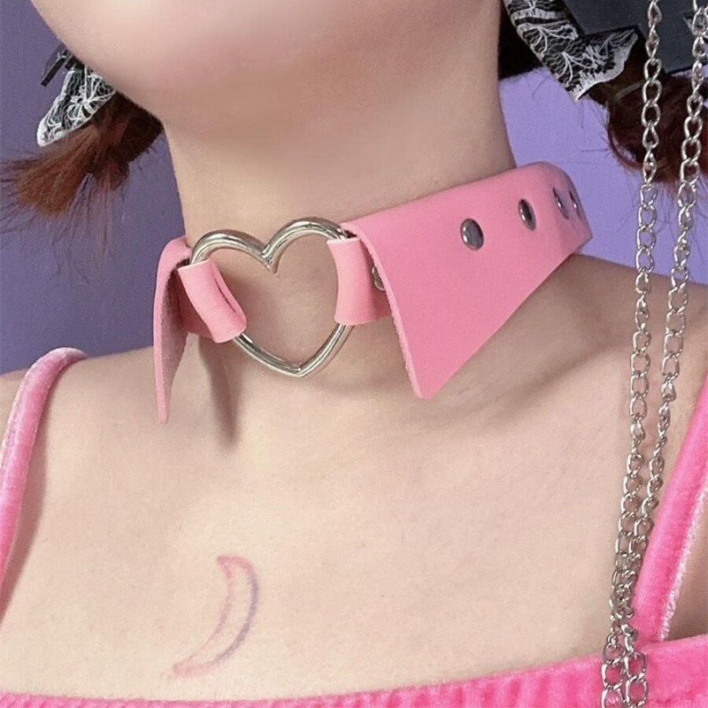 Pink Fake Collar Hollow SIiver Heart PU Choker ON789 Cospicky