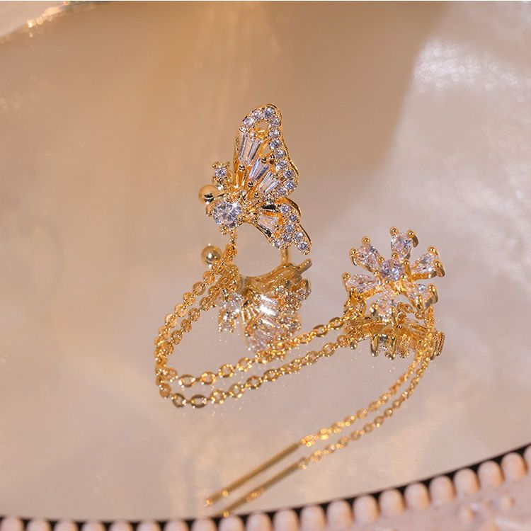 Butterfly Flower Ear Clip One-piece Tassel Earrings W449 MK Kawaii Store