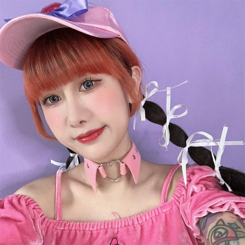 Pink Fake Collar Hollow SIiver Heart PU Choker ON789 Cospicky