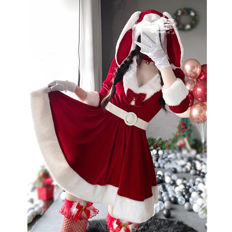 Bunny Ears Bow Knot Hooded Dress Set Christmas MK Kawaii Store