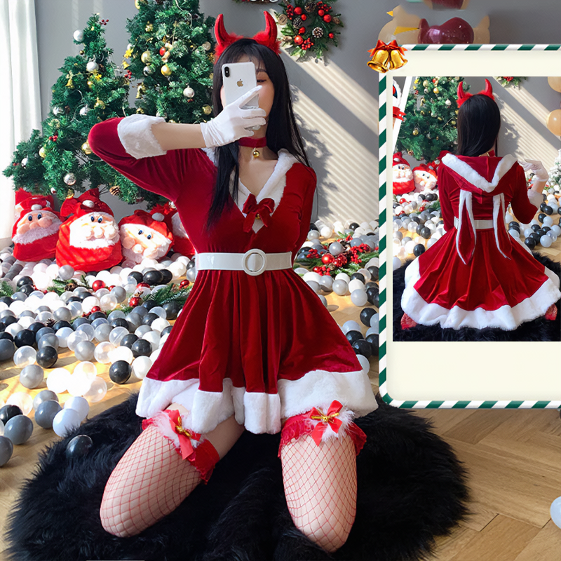 Bunny Ears Bow Knot Hooded Dress Set Christmas MK Kawaii Store