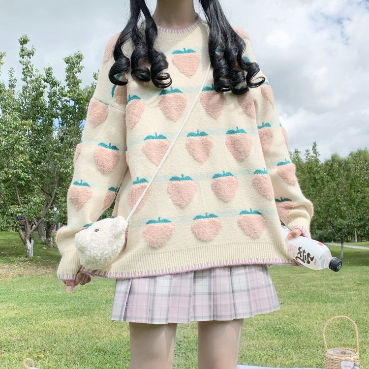 strawberry print oversized sweater - Cupcake MK Kawaii Store