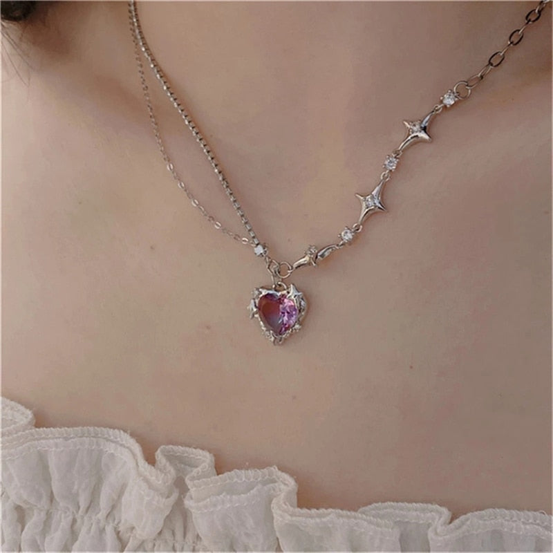 Hollow Crystal Pendant Heart Necklace - Cupcake MK Kawaii Store