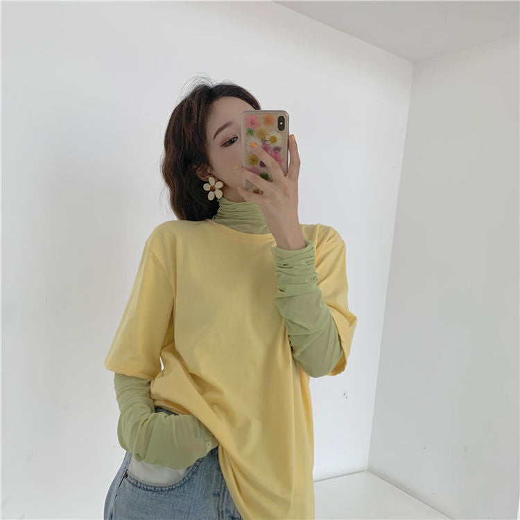 Elbow-Sleeve Plain T-Shirt / Long-Sleeve Sheer Top MK19202 MK Kawaii Store