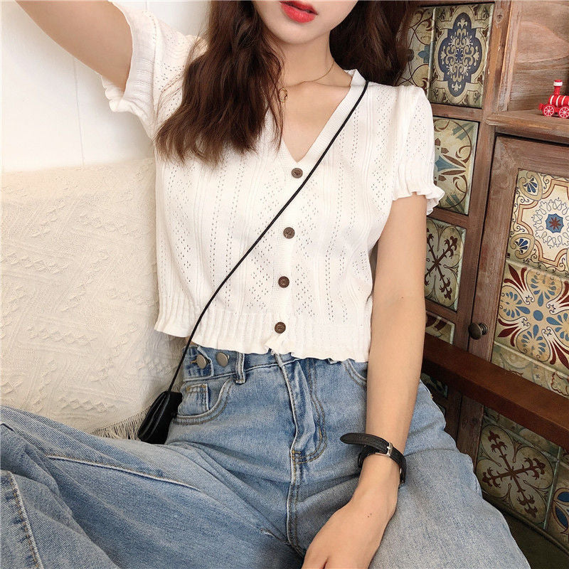 Short-Sleeve Perforated Cropped Cardigan WI45 MK Kawaii Store