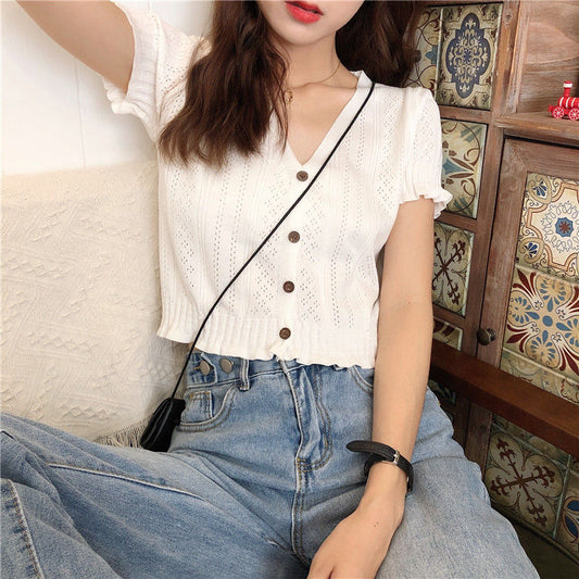 Short-Sleeve Perforated Cropped Cardigan WI45 MK Kawaii Store