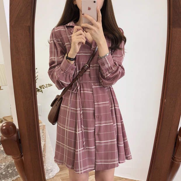 Long-Sleeve Plaid Mini A-Line Shirtdress WI29 MK Kawaii Store