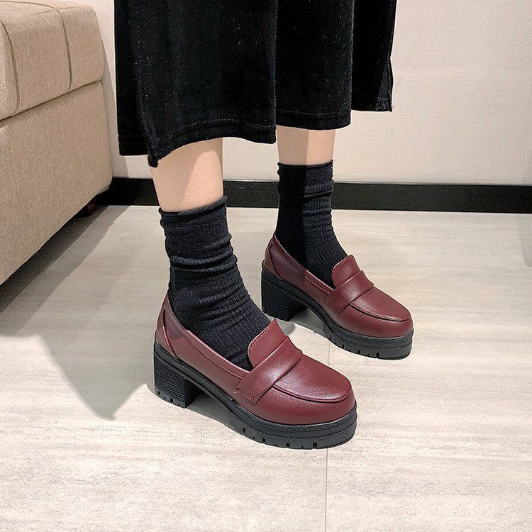 Plain Platform Chunky Heel Loafers BH24 MK Kawaii Store