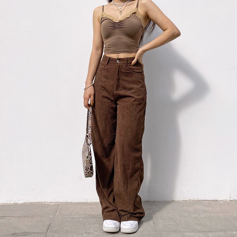High-Waist Corduroy Wide Leg Pants dd10 MK Kawaii Store