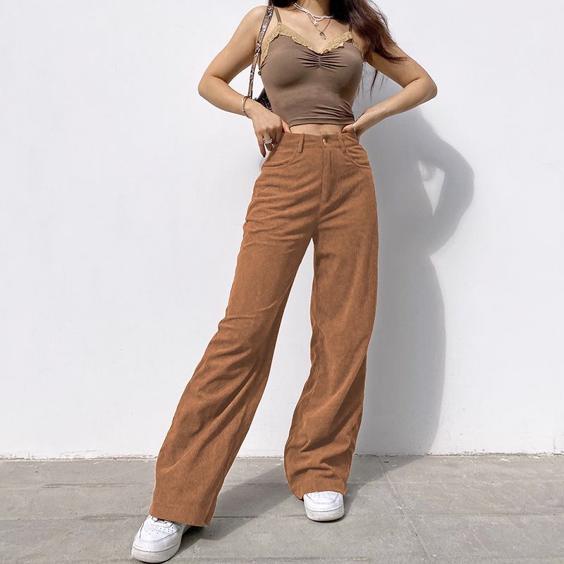 High-Waist Corduroy Wide Leg Pants dd10 MK Kawaii Store