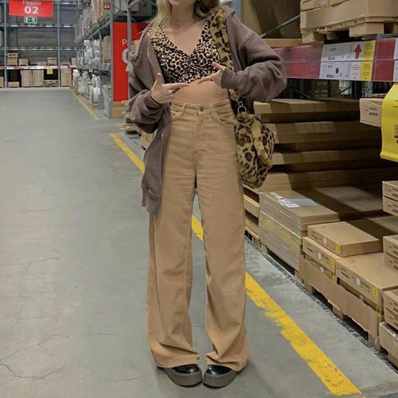 High-Waist Corduroy Wide Leg Pants dd10 MK Kawaii Store