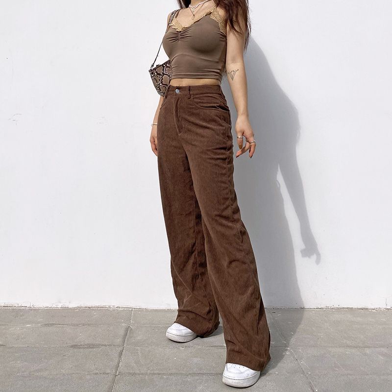 High-Waist Corduroy Wide Leg Pants dd10 MK Kawaii Store