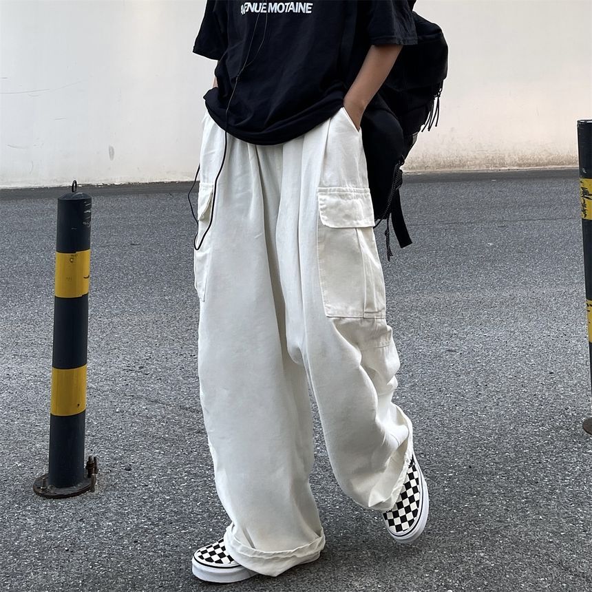Elastic-Waist Wide-Leg Cargo Pants dd17 MK Kawaii Store