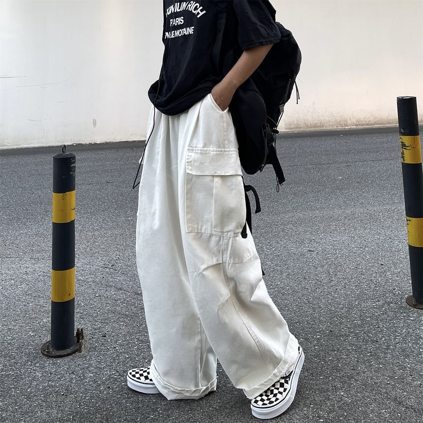 Elastic-Waist Wide-Leg Cargo Pants dd17 MK Kawaii Store