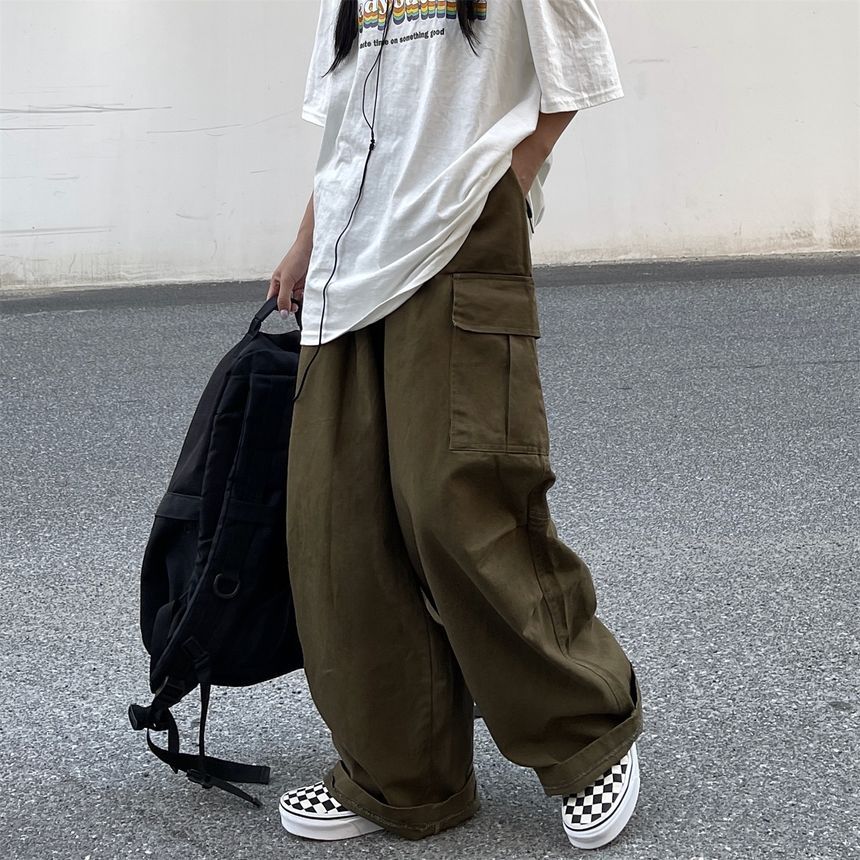 Elastic-Waist Wide-Leg Cargo Pants dd17 MK Kawaii Store