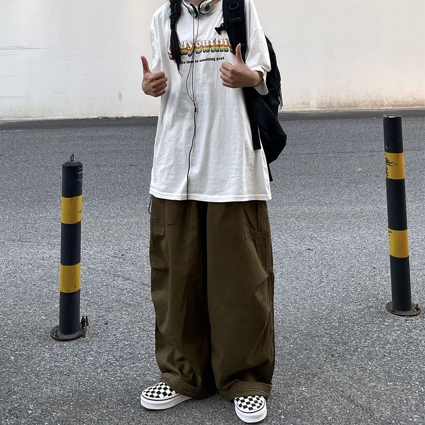 Elastic-Waist Wide-Leg Cargo Pants dd17 MK Kawaii Store